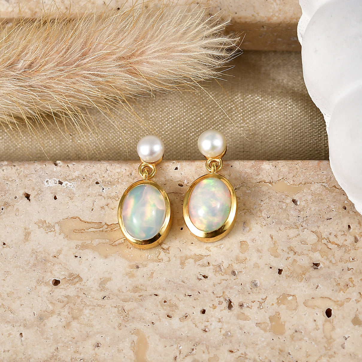 D'Joy - Ethiopian Opal &amp; Fresh Water Pearl Dangling Earring with Push Post in Yellow Gold Plated Sterling Silver 2.50 Ct. V32513224 0