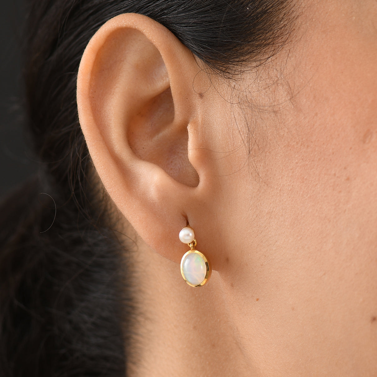 D'Joy - Ethiopian Opal &amp; Fresh Water Pearl Dangling Earring with Push Post in Yellow Gold Plated Sterling Silver 2.50 Ct. V32513224 2