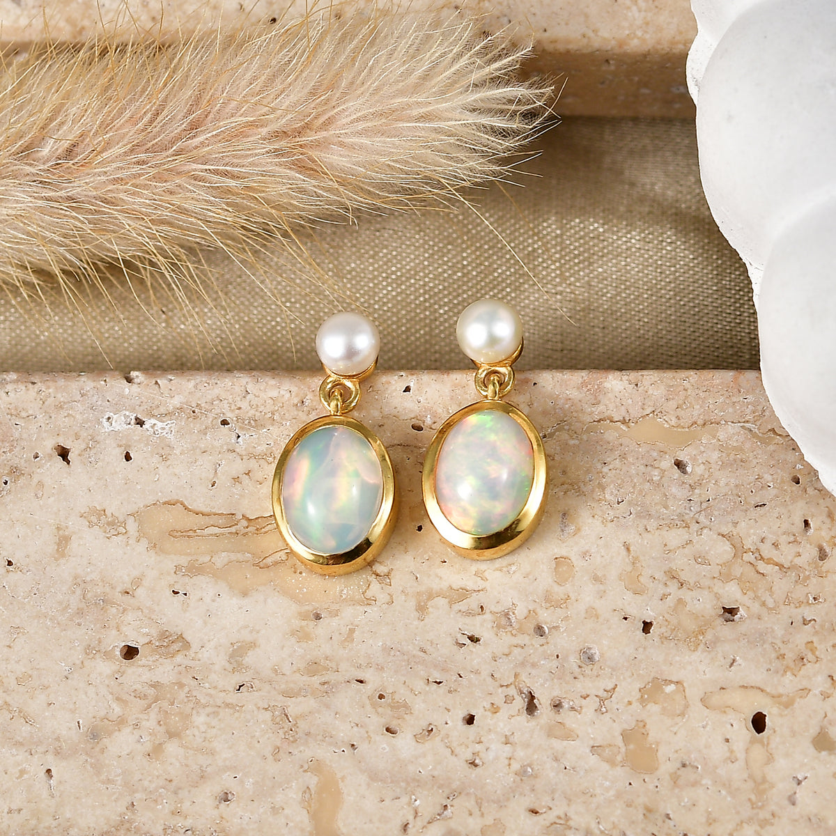 D'Joy - Ethiopian Opal &amp; Fresh Water Pearl Dangling Earring with Push Post in Yellow Gold Plated Sterling Silver 2.50 Ct. V32513224 3