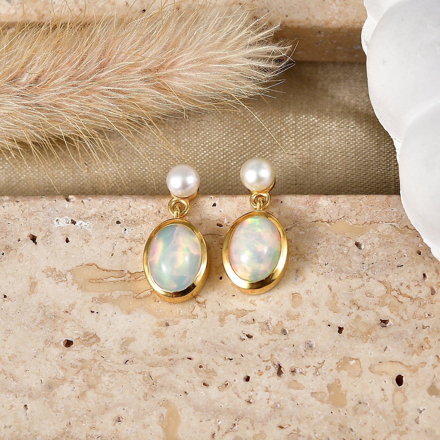 D'Joy - Ethiopian Opal &amp; Fresh Water Pearl Dangling Earring with Push Post in Yellow Gold Plated Sterling Silver 2.50 Ct. V32513224 3
