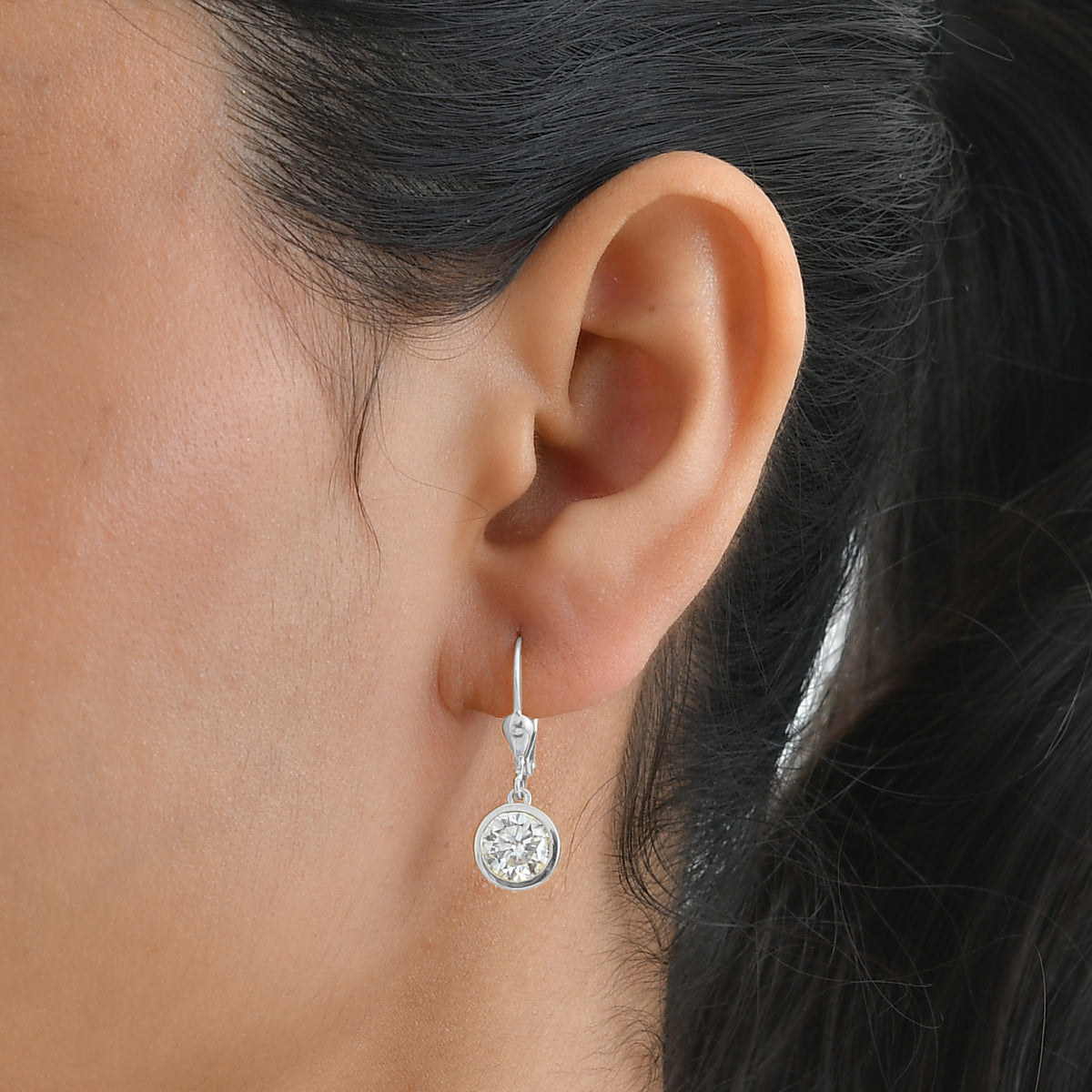D'Joy Moissanite Solitaire Lever Back Earring in Rhodium Overlay Sterling Silver 3.00 Ct. V32521548 2