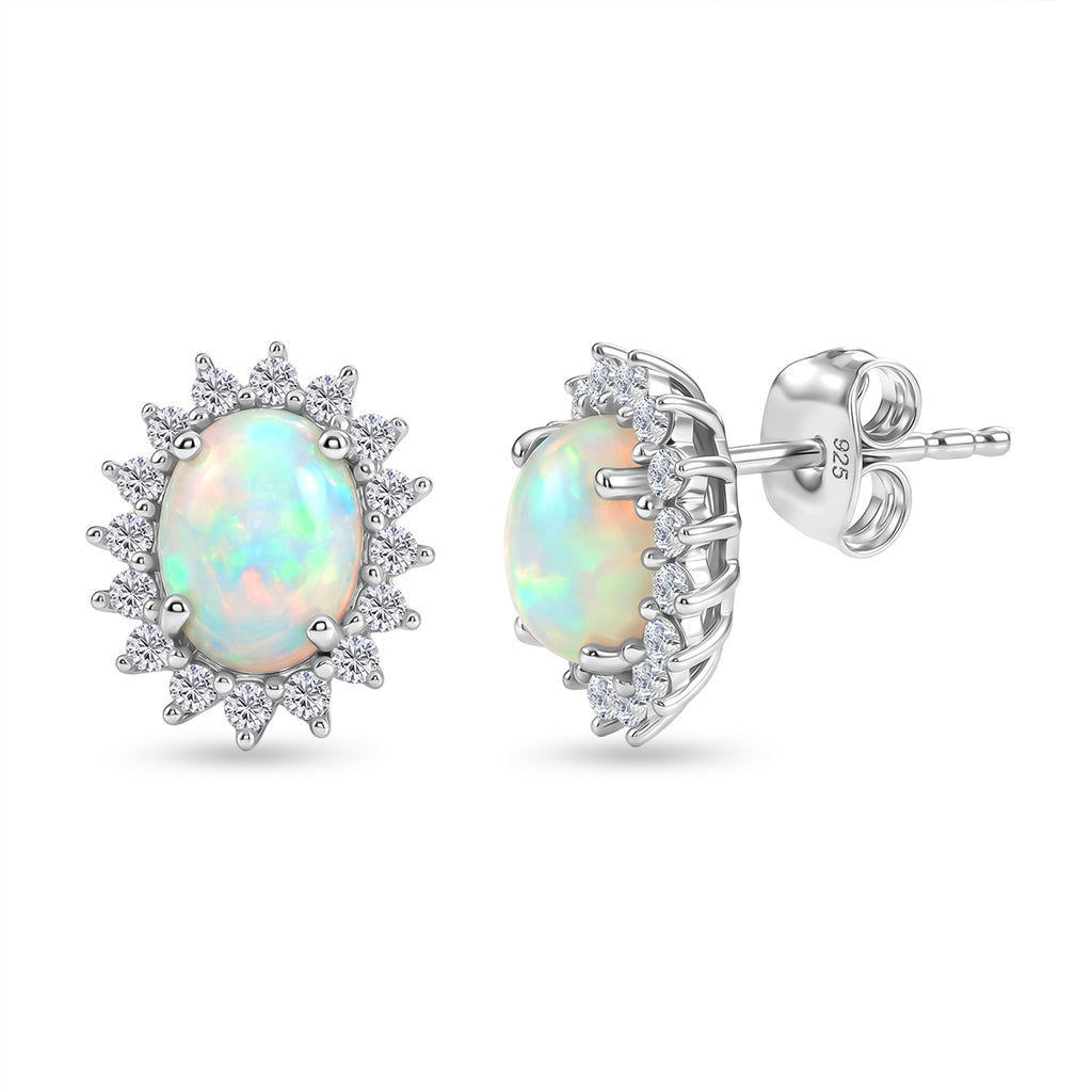 D'Joy - Ethiopian Opal & White Zircon Halo Earring with Push Post in Platinum Overlay Sterling Silver 2.16 Ct._8607609