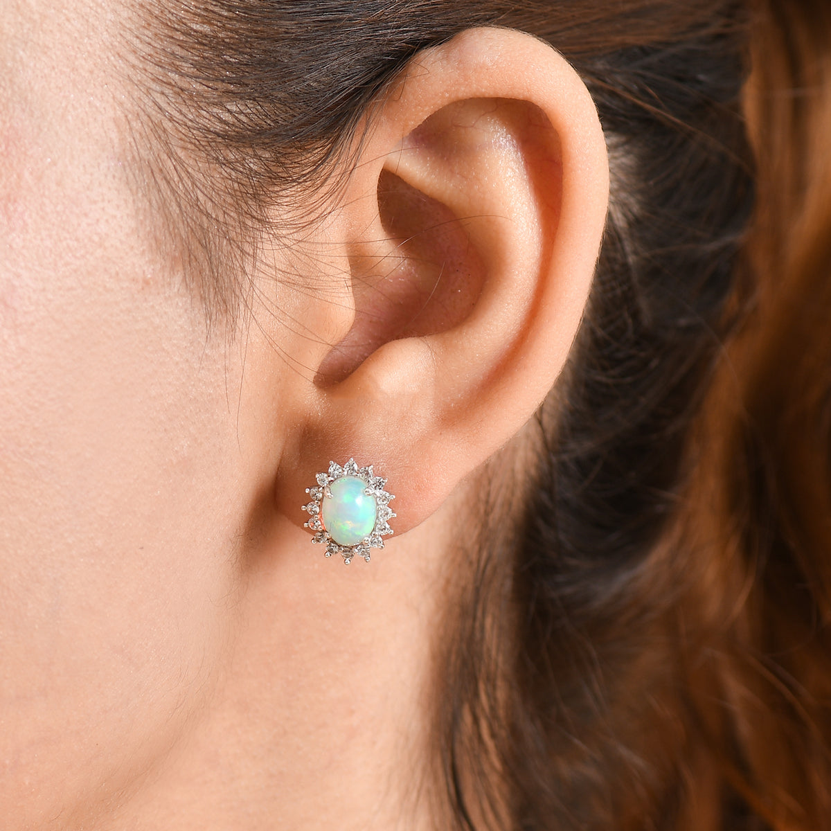 D'Joy - Ethiopian Opal &amp; White Zircon Halo Earring with Push Post in Platinum Overlay Sterling Silver 2.16 Ct. V32528235 2