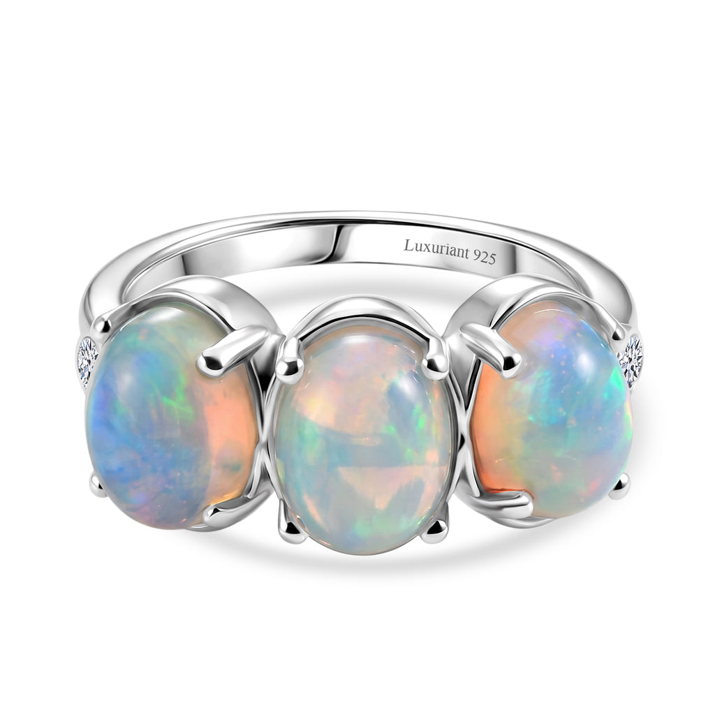 Luxuriant - Ethiopian Opal & Lab Grown Diamond (SI/G-H) Trilogy Ring in Rhodium Overlay Sterling Silver 2.57 Ct._8607617