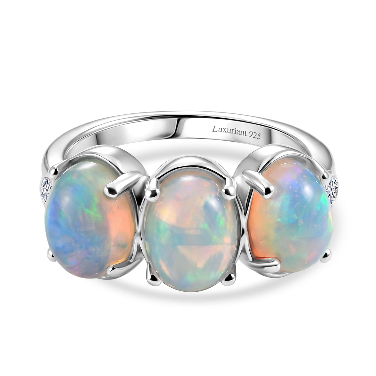 Luxuriant - Ethiopian Opal &amp; Lab Grown Diamond (SI/G-H) Trilogy Ring in Rhodium Overlay Sterling Silver 2.57 Ct. V32521716 0