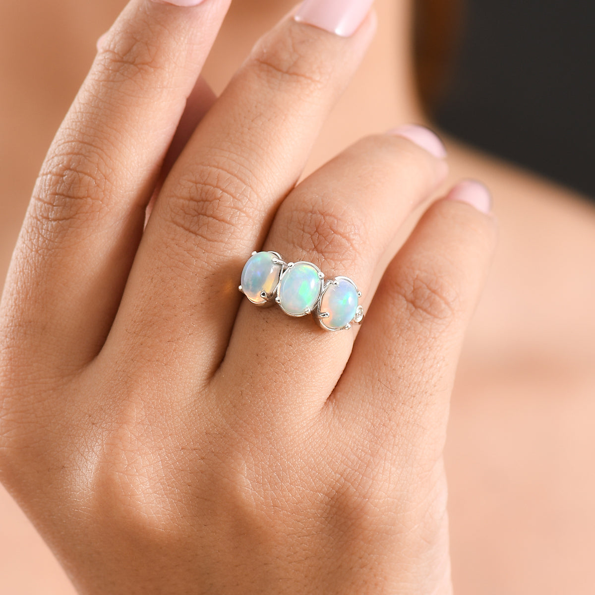 Luxuriant - Ethiopian Opal &amp; Lab Grown Diamond (SI/G-H) Trilogy Ring in Rhodium Overlay Sterling Silver 2.57 Ct. V32521716 2