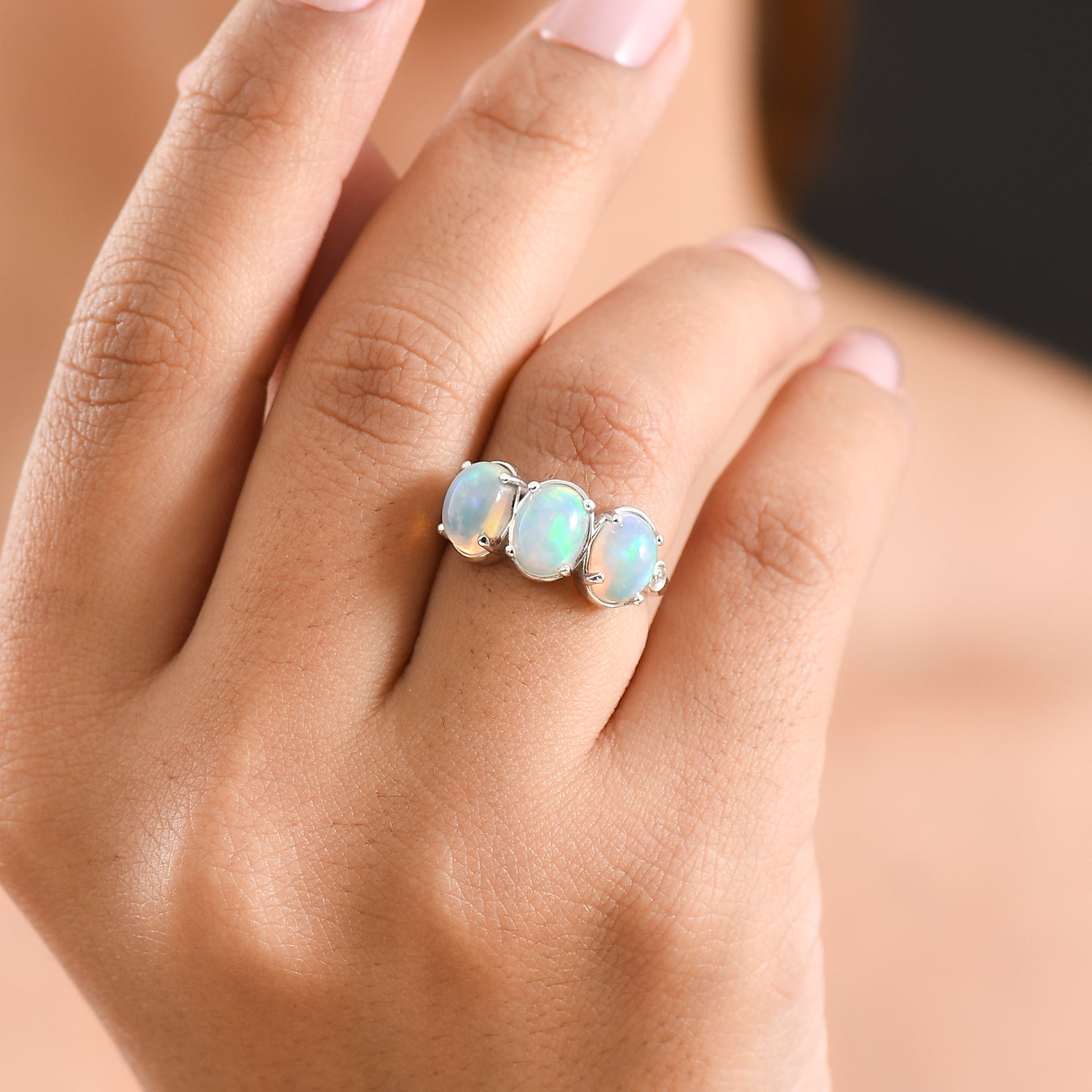 Luxuriant - Ethiopian Opal &amp; Lab Grown Diamond (SI/G-H) Trilogy Ring in Rhodium Overlay Sterling Silver 2.57 Ct. V32521716 2