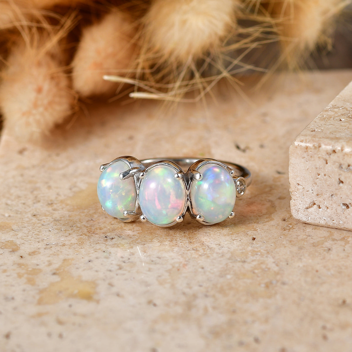 Luxuriant - Ethiopian Opal &amp; Lab Grown Diamond (SI/G-H) Trilogy Ring in Rhodium Overlay Sterling Silver 2.57 Ct. V32521716 3