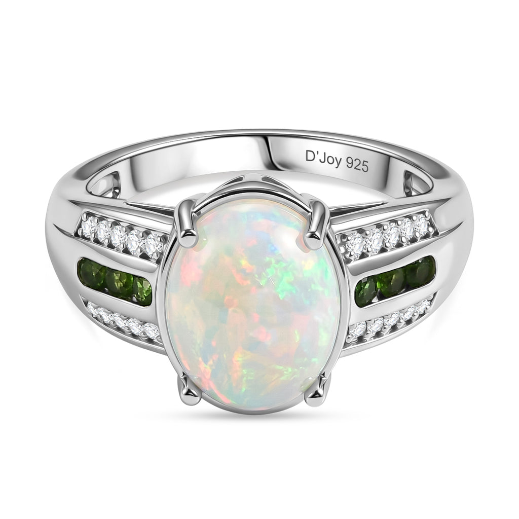 D'Joy - Ethiopian Opal, Natural Chrome Diopside & White Zircon Ring in Rhodium Overlay Sterling Silver 2.20 Ct._8607643