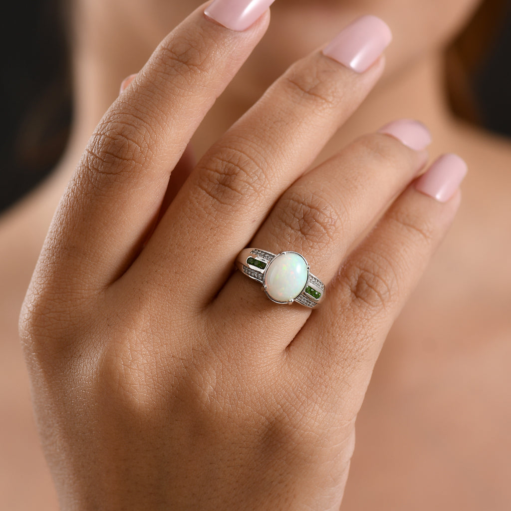 D'Joy - Ethiopian Opal, Natural Chrome Diopside & White Zircon Ring in Rhodium Overlay Sterling Silver 2.20 Ct._8607643_1