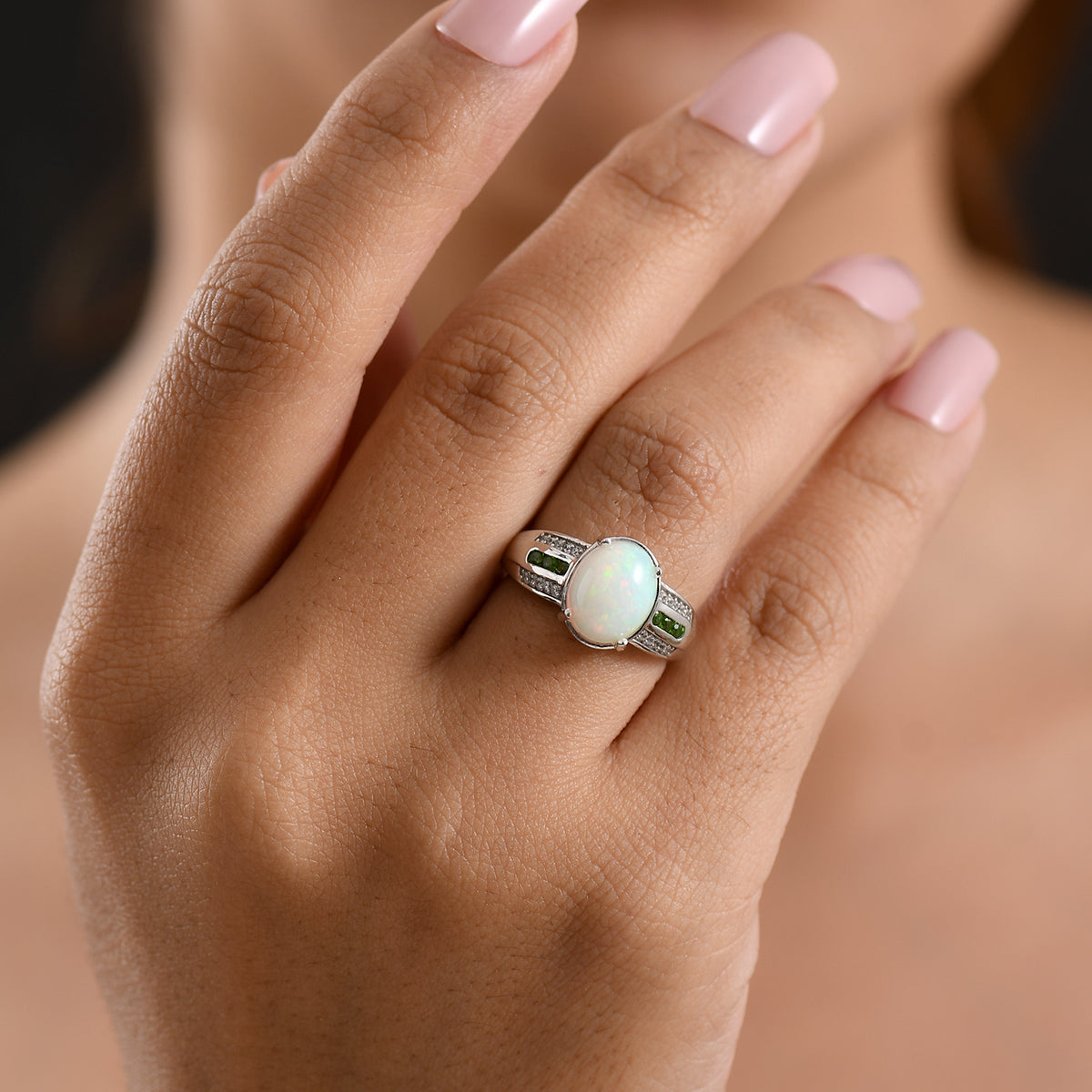 D'Joy - Ethiopian Opal, Natural Chrome Diopside &amp; White Zircon Ring in Rhodium Overlay Sterling Silver 2.20 Ct. V32603697 2