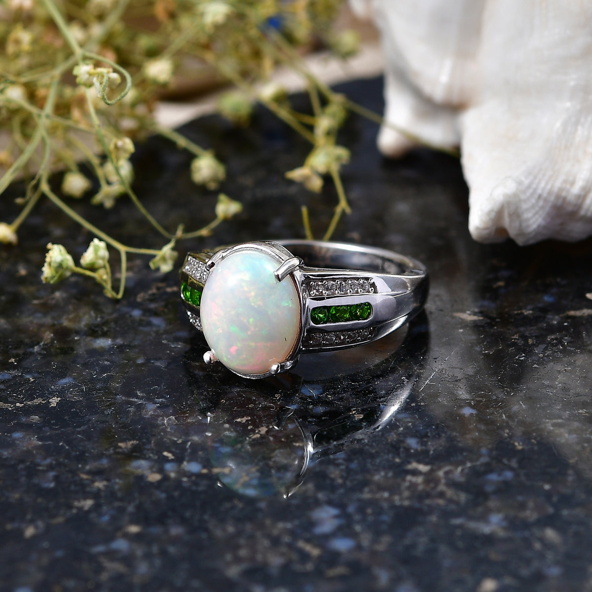 D'Joy - Ethiopian Opal, Natural Chrome Diopside &amp; White Zircon Ring in Rhodium Overlay Sterling Silver 2.20 Ct. V32603697 3