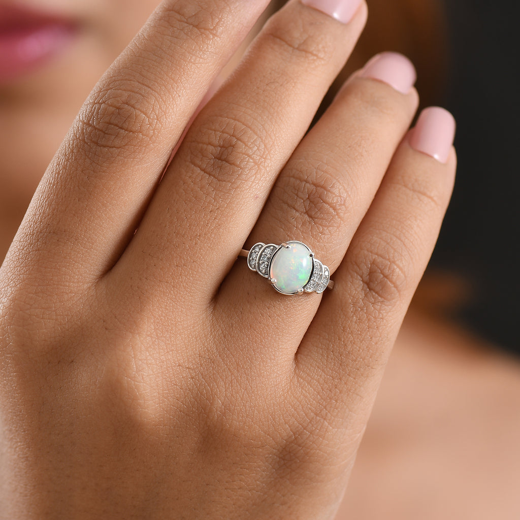Luxuriant - Ethiopian Opal & Lab Grown Diamond (SI/G-H) Ring in Rhodium Overlay Sterling Silver 1.40 Ct._8607665_1