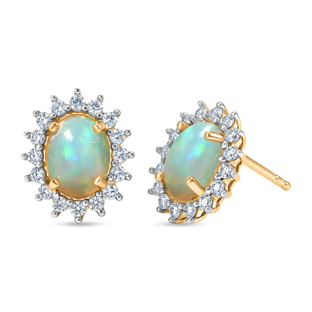 D'Joy - Ethiopian Opal & White Zircon Halo Earring with Push Post in Yellow Gold Plated Sterling Silver 2.40 Ct._8607714