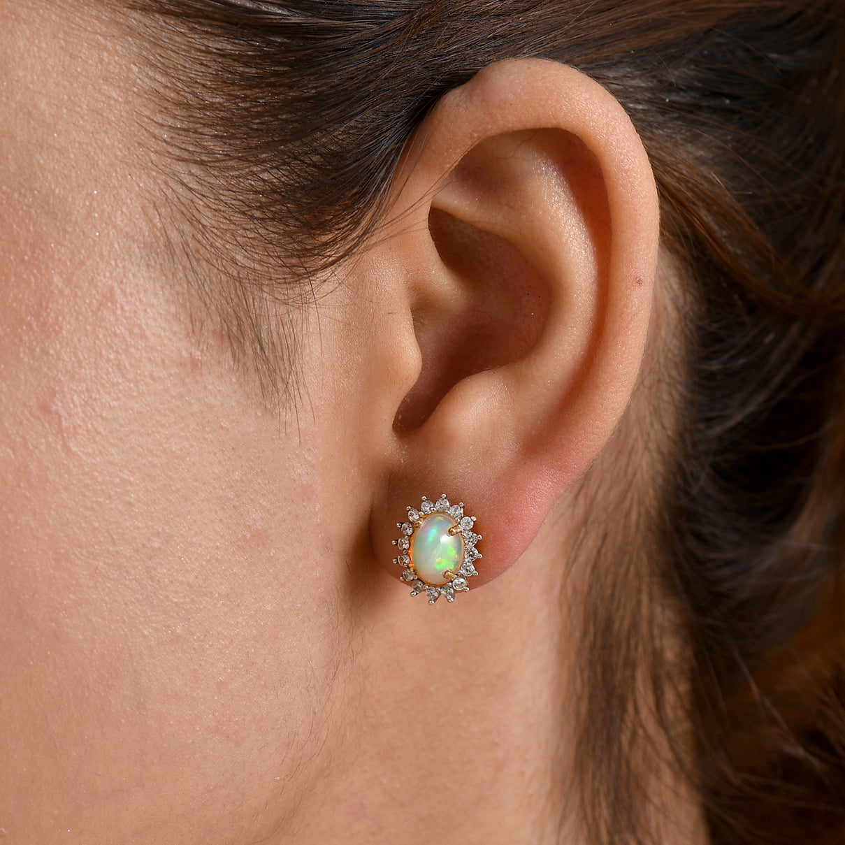 D'Joy - Ethiopian Opal &amp; White Zircon Halo Earring with Push Post in Yellow Gold Plated Sterling Silver 2.40 Ct. V32489408 2