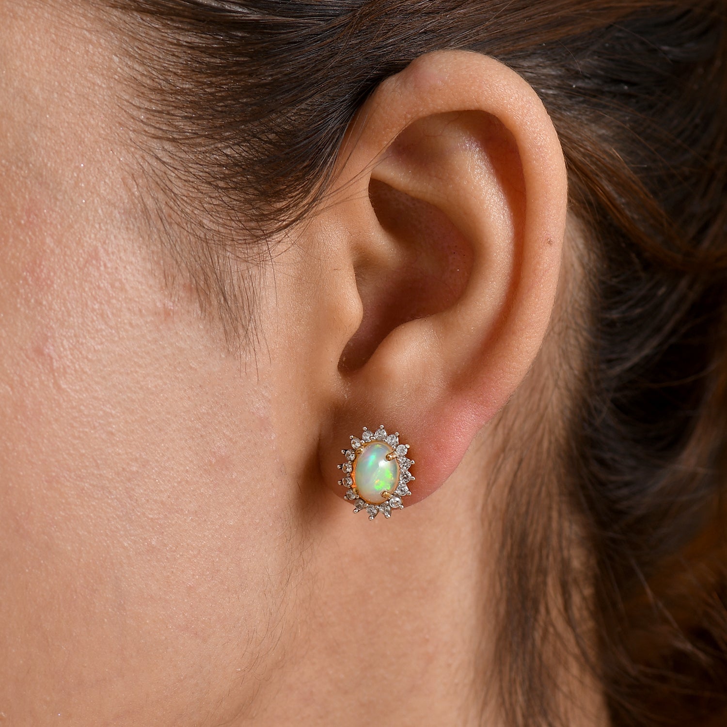 D'Joy - Ethiopian Opal &amp; White Zircon Halo Earring with Push Post in Yellow Gold Plated Sterling Silver 2.40 Ct. V32489408 2