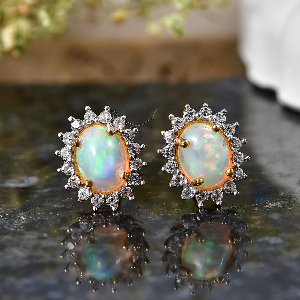 D'Joy - Ethiopian Opal & White Zircon Halo Earring with Push Post in Yellow Gold Plated Sterling Silver 2.40 Ct._8607714_2