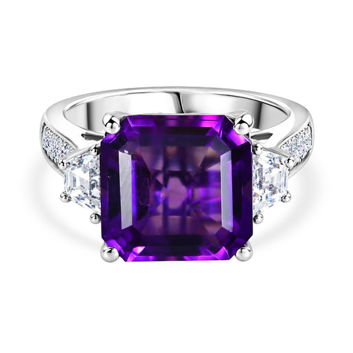 D'Joy - AAA Zambian Amethyst & White Zircon Trilogy Ring in Rhodium Overlay Sterling Silver 6.80 Ct._8608568