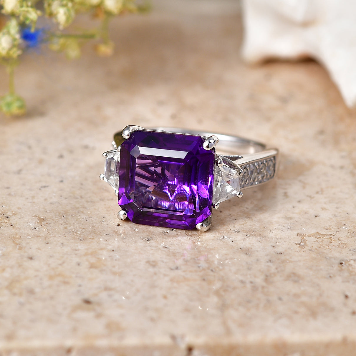 D'Joy - AAA Zambian Amethyst &amp; White Zircon Trilogy Ring in Rhodium Overlay Sterling Silver 6.80 Ct. 8608568 3