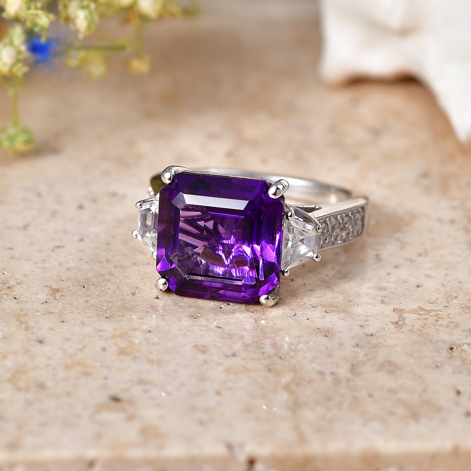 D'Joy - AAA Zambian Amethyst &amp; White Zircon Trilogy Ring in Rhodium Overlay Sterling Silver 6.80 Ct. 8608568 3