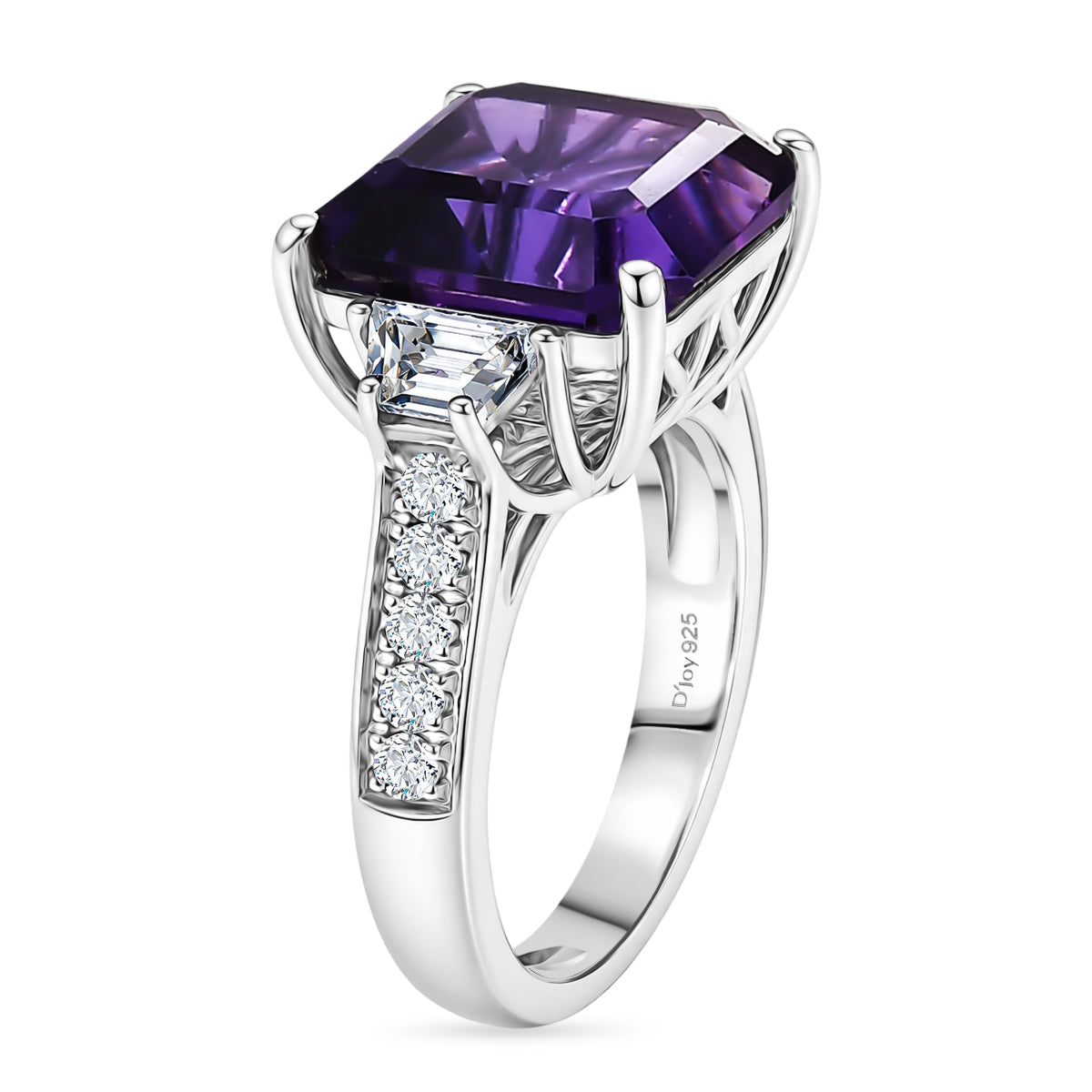 D'Joy - AAA Zambian Amethyst &amp; White Zircon Trilogy Ring in Rhodium Overlay Sterling Silver 6.80 Ct. 8608568 4