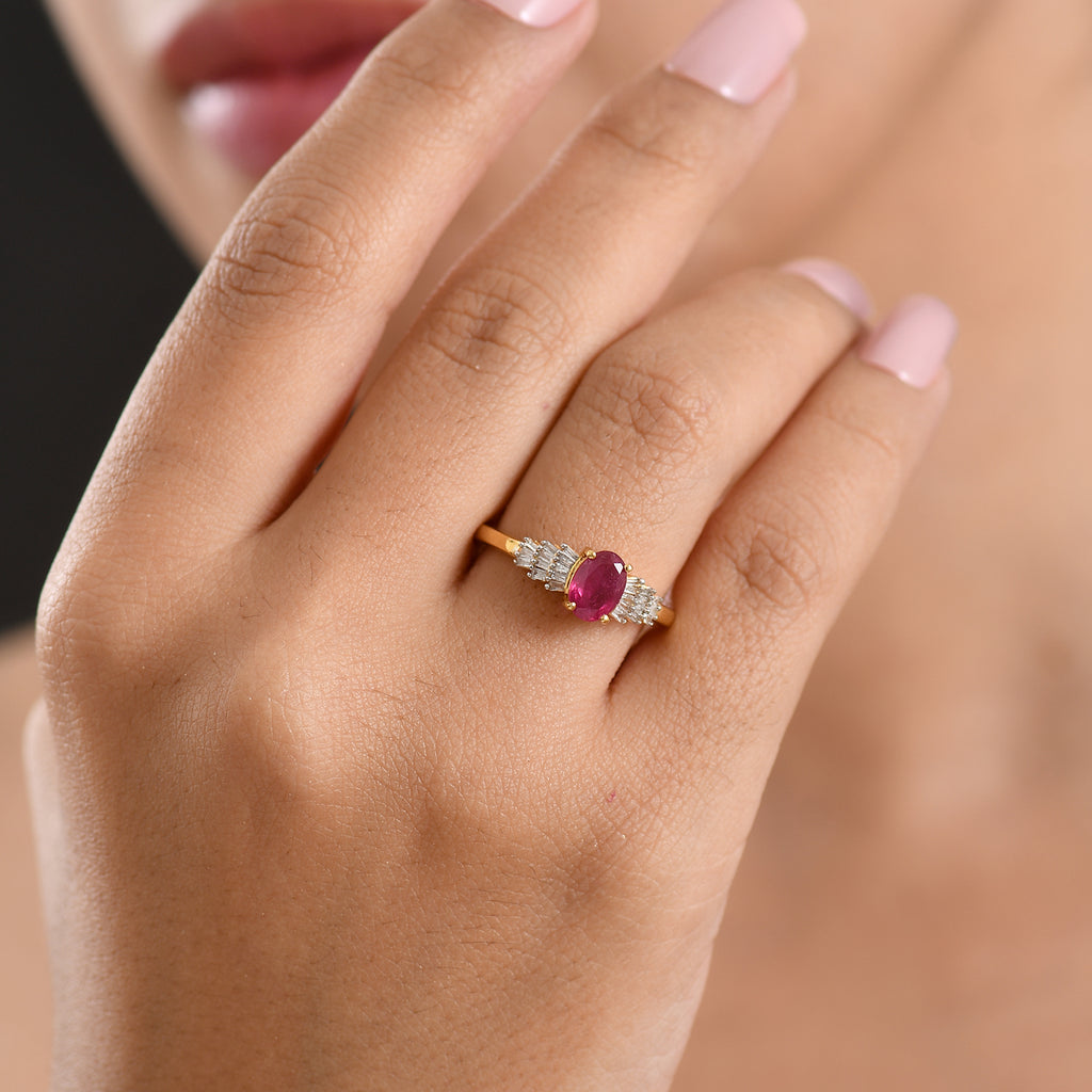 THE BALLERINA QUEEN - AAA African Ruby & Natural White Diamond Ballerina Ring in Yellow Gold Plated Sterling Silver 1.36 Ct._8608967_1