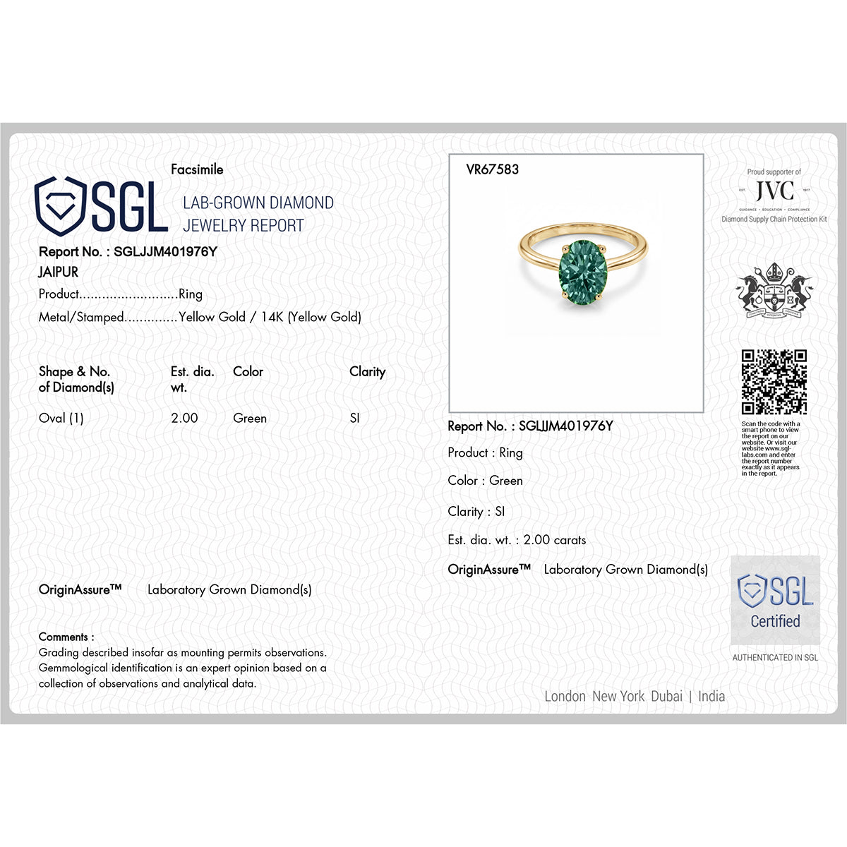 Manhattan Close Out Deal - LUXURIANT 2 Ct. Lab Grown Green Diamond Solitaire Ring in 14K Yellow Gold SGL Certified (SI) 8608998 7