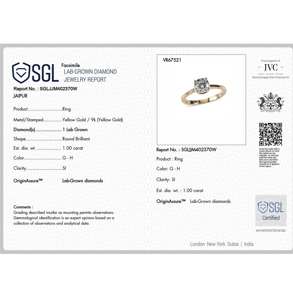 Luxuriant - 9K Yellow Gold SGL Certified Lab Grown Diamond (SI/G-H) Solitaire Ring 1.08 Ct._8609030_6