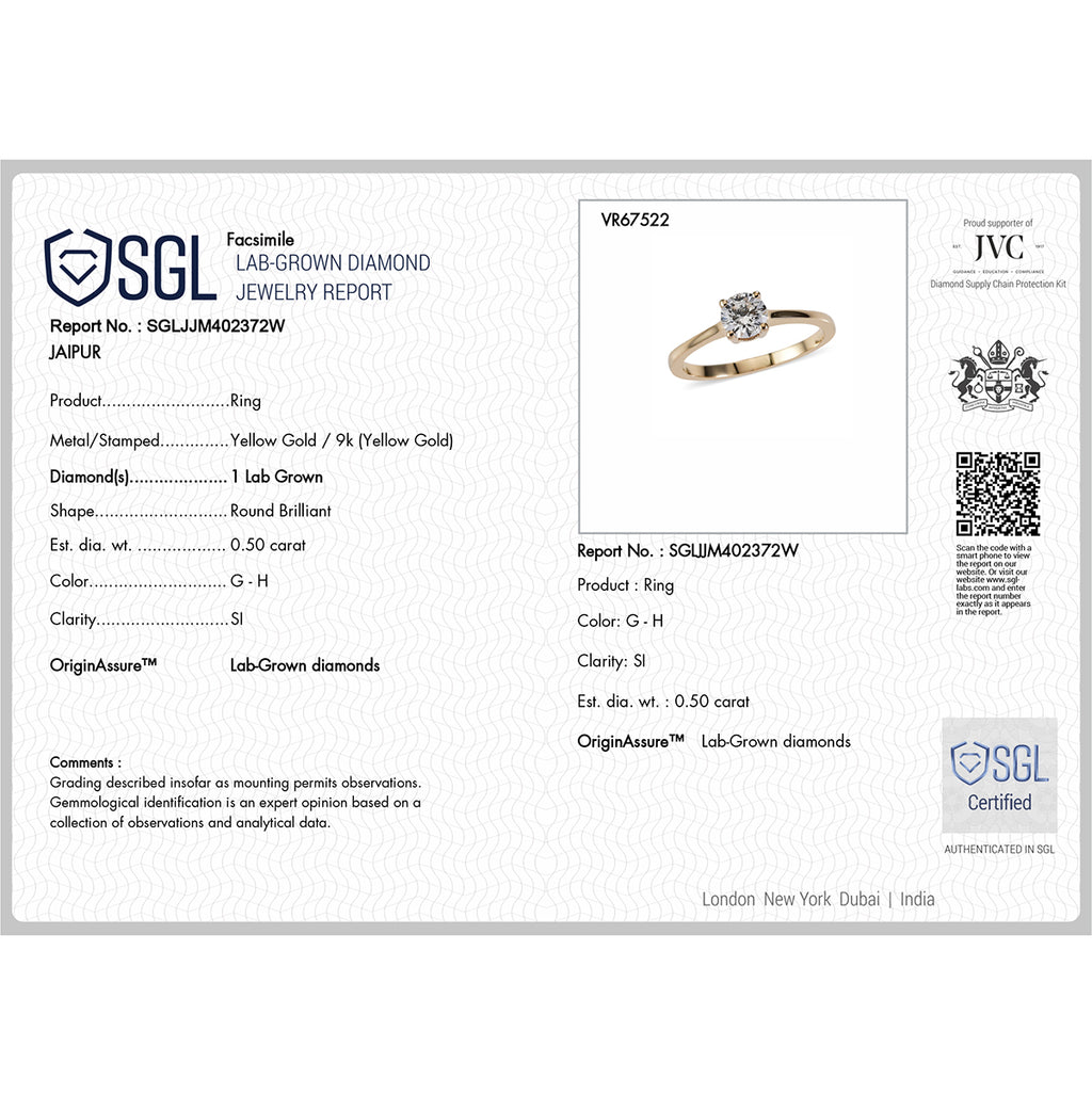 Luxuriant - 9K Yellow Gold Lab Grown Diamond Solitaire Ring 0.50 Ct._8609038_6