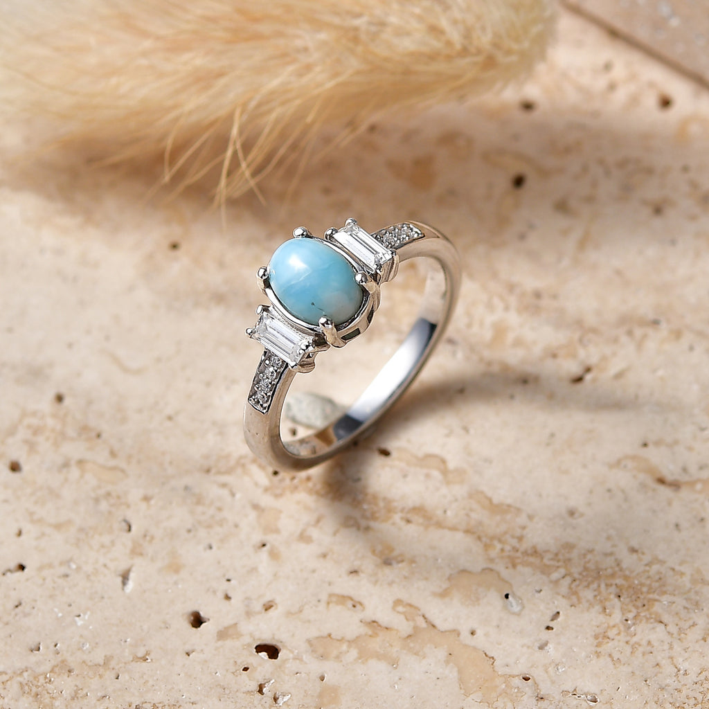 D'Joy - Natural Larimar & Moissanite Ring in Platinum Overlay Sterling Silver 1.20 Ct._8609411_2