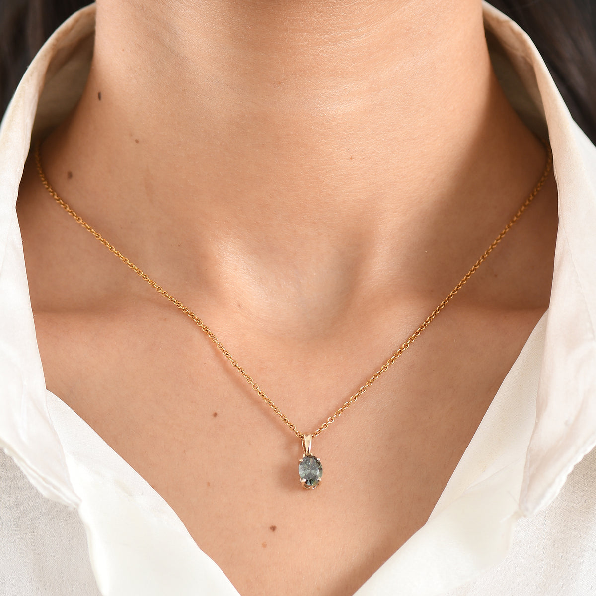 LUXURIANT 1 Ct. Green Lab Grown Diamond Oval Cut Solitaire Pendant in 9K Yellow Gold SGL Certified (SI) 8609437 2