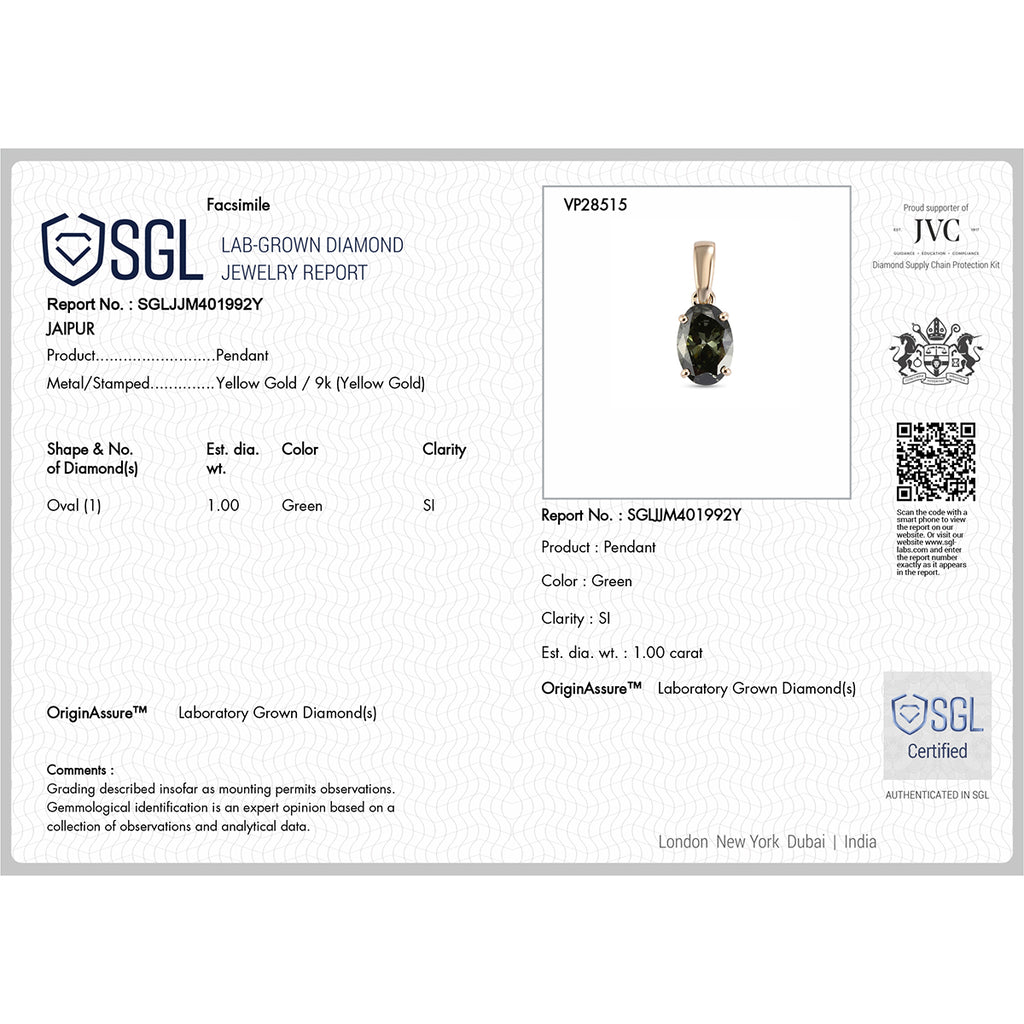Luxuriant - 9K Yellow Gold SGL Certified Lab Grown Green Diamond (SI) Solitaire Pendant 1.05 Ct._8609437_6