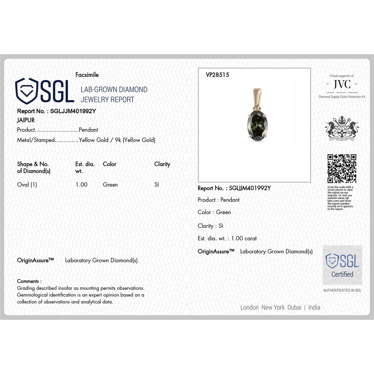 LUXURIANT 1 Ct. Green Lab Grown Diamond Oval Cut Solitaire Pendant in 9K Yellow Gold SGL Certified (SI) 8609437 7