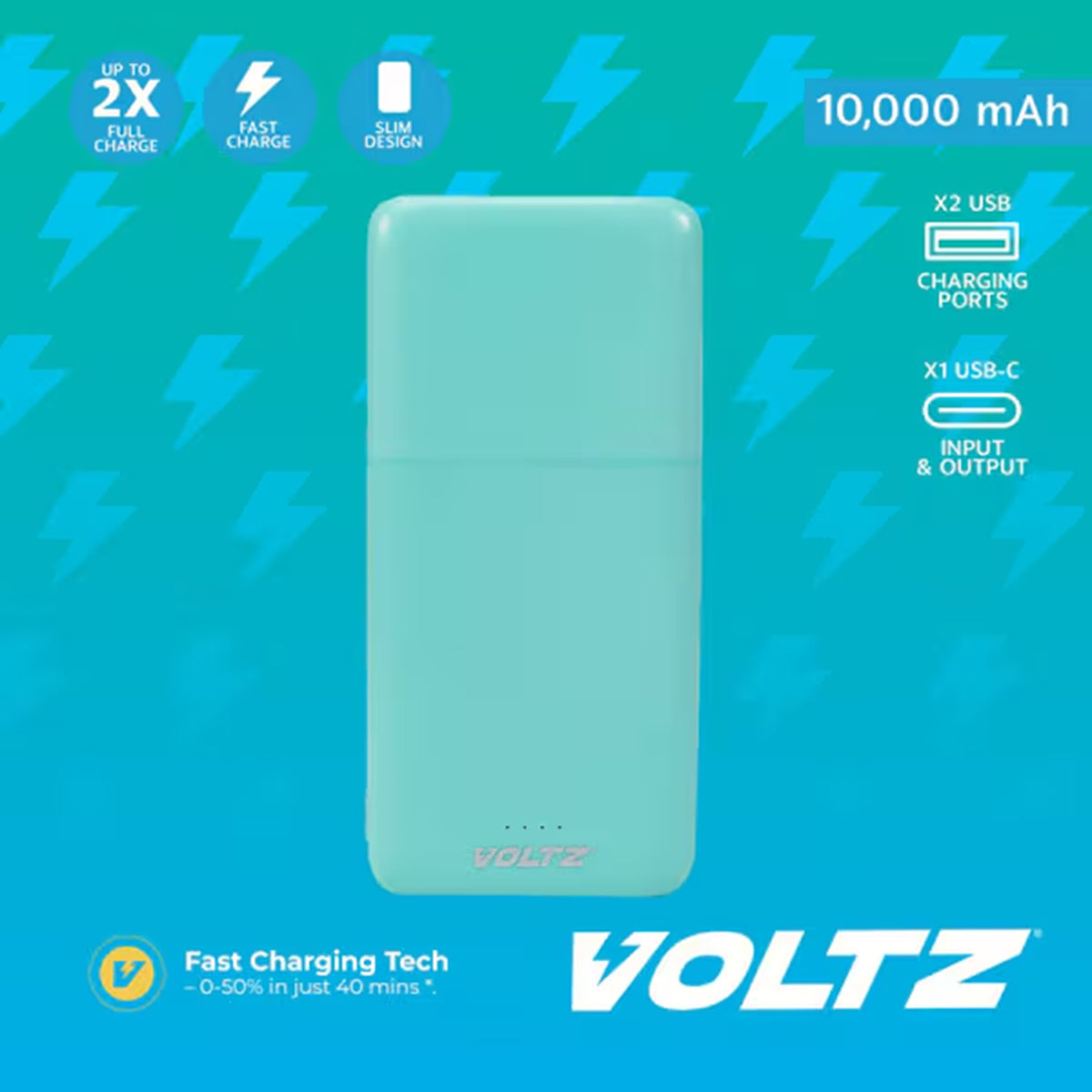 Voltz 10,000mAh Mini Pocket-Size Fast Charging Power Bank - Turquoise V32518098 3