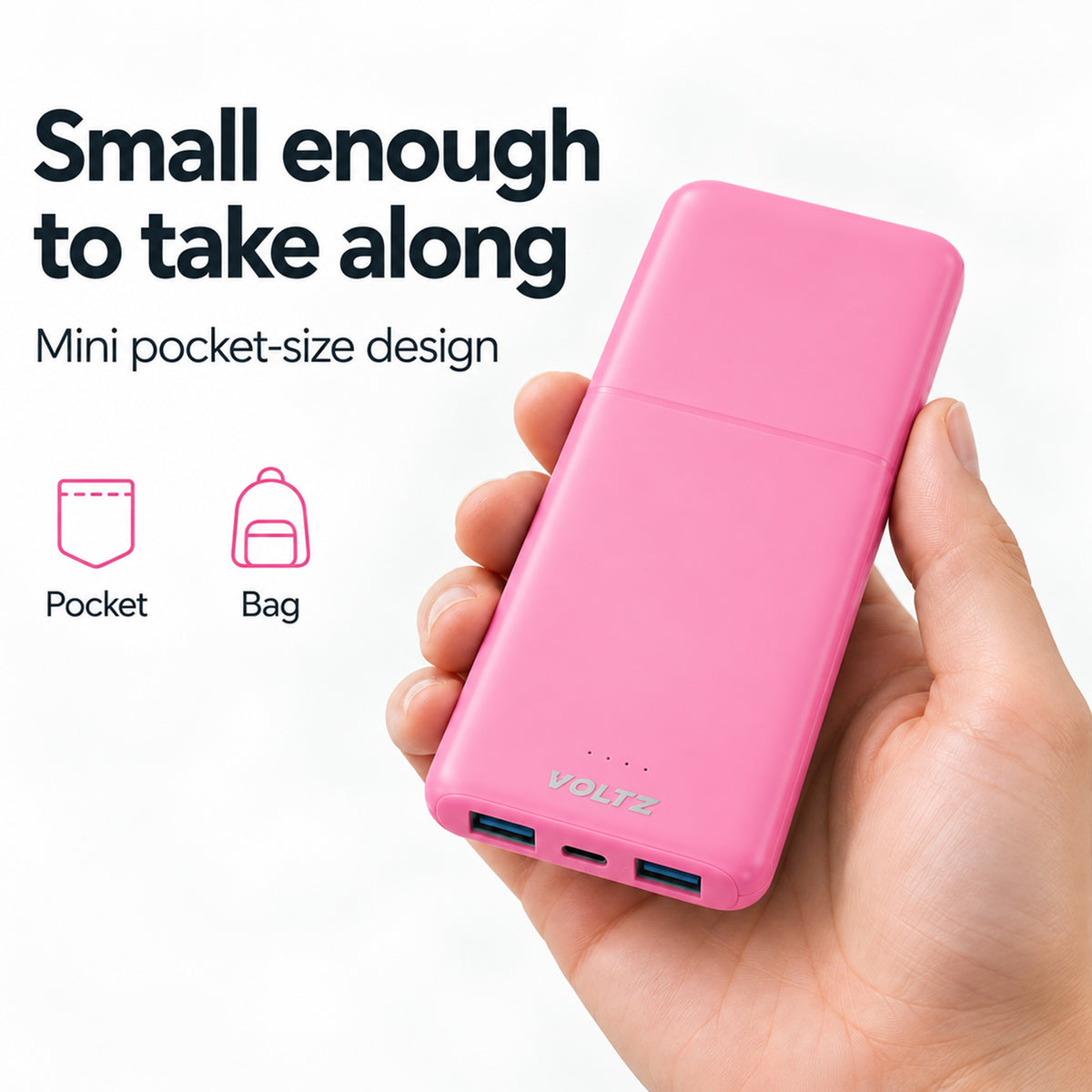Voltz 10,000mAh Mini Pocket-Size Fast Charging Power Bank - Pink V32591055 3