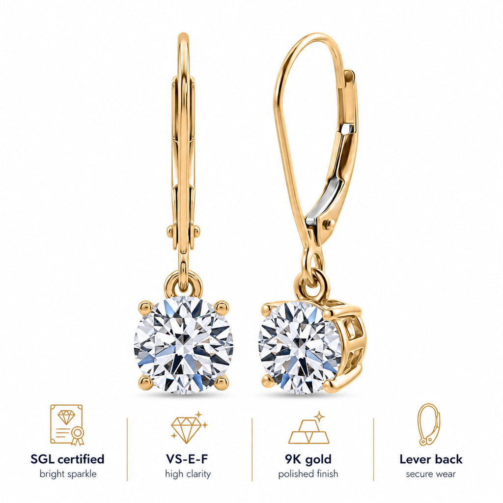 Luxuriant - 9K Yellow Gold SGL Certified Lab Grown Diamond (VS/E-F) Solitaire Earring with Lever Back 2.05 Ct._8610940_5