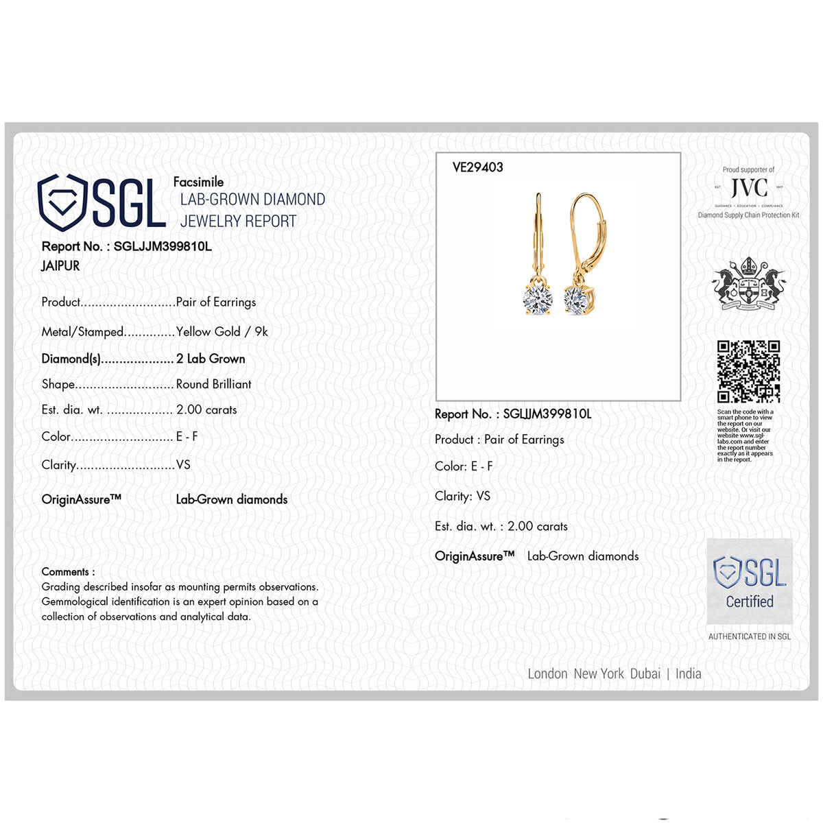 Luxuriant - 9K Yellow Gold SGL Certified Lab Grown Diamond (VS/E-F) Solitaire Earring with Lever Back 2.05 Ct. 8610940 6