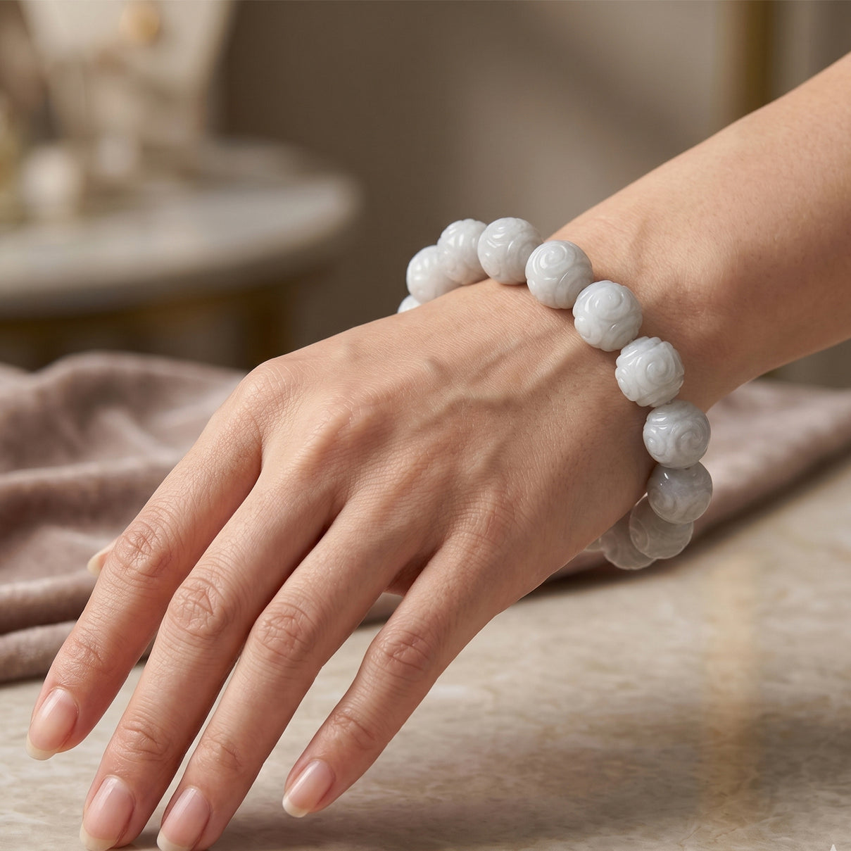 Natural White Jade Stretchable Beads Lotus Carved Bracelet (Size - 7) 150.00 Ct. V32491222 2