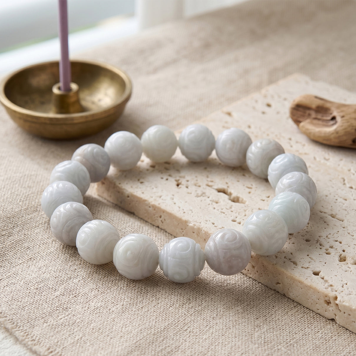 Natural White Jade Stretchable Beads Lotus Carved Bracelet (Size - 7) 150.00 Ct. V32491222 3