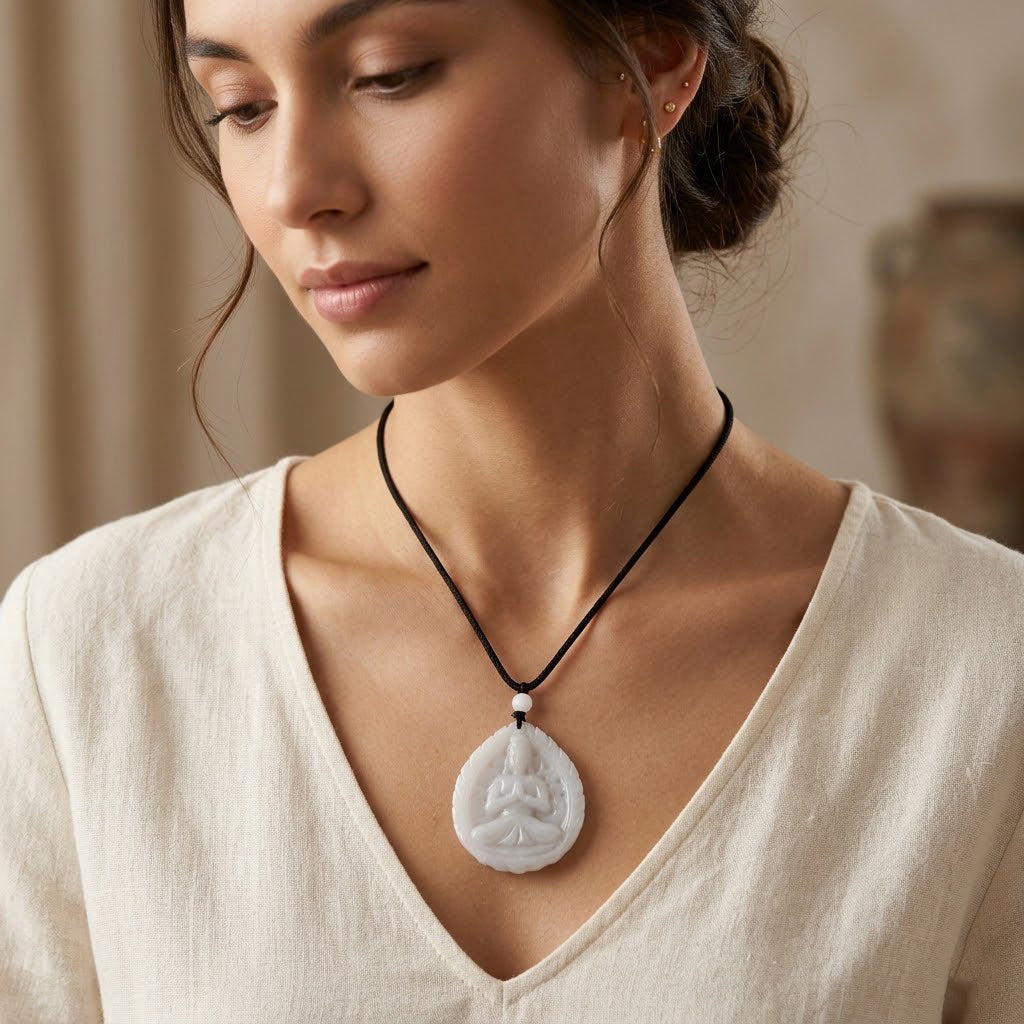 Natural White Jade Adjustable Buddha Carved Necklace (Size - 28) 98.00 Ct. V32362691 2