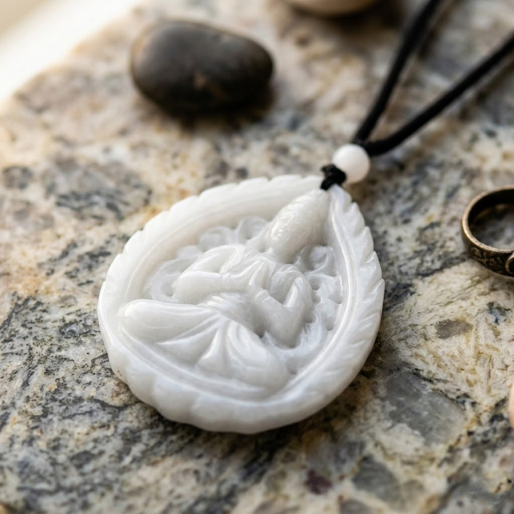 Natural White Jade Adjustable Buddha Carved Necklace (Size - 28) 98.00 Ct. V32362691 3