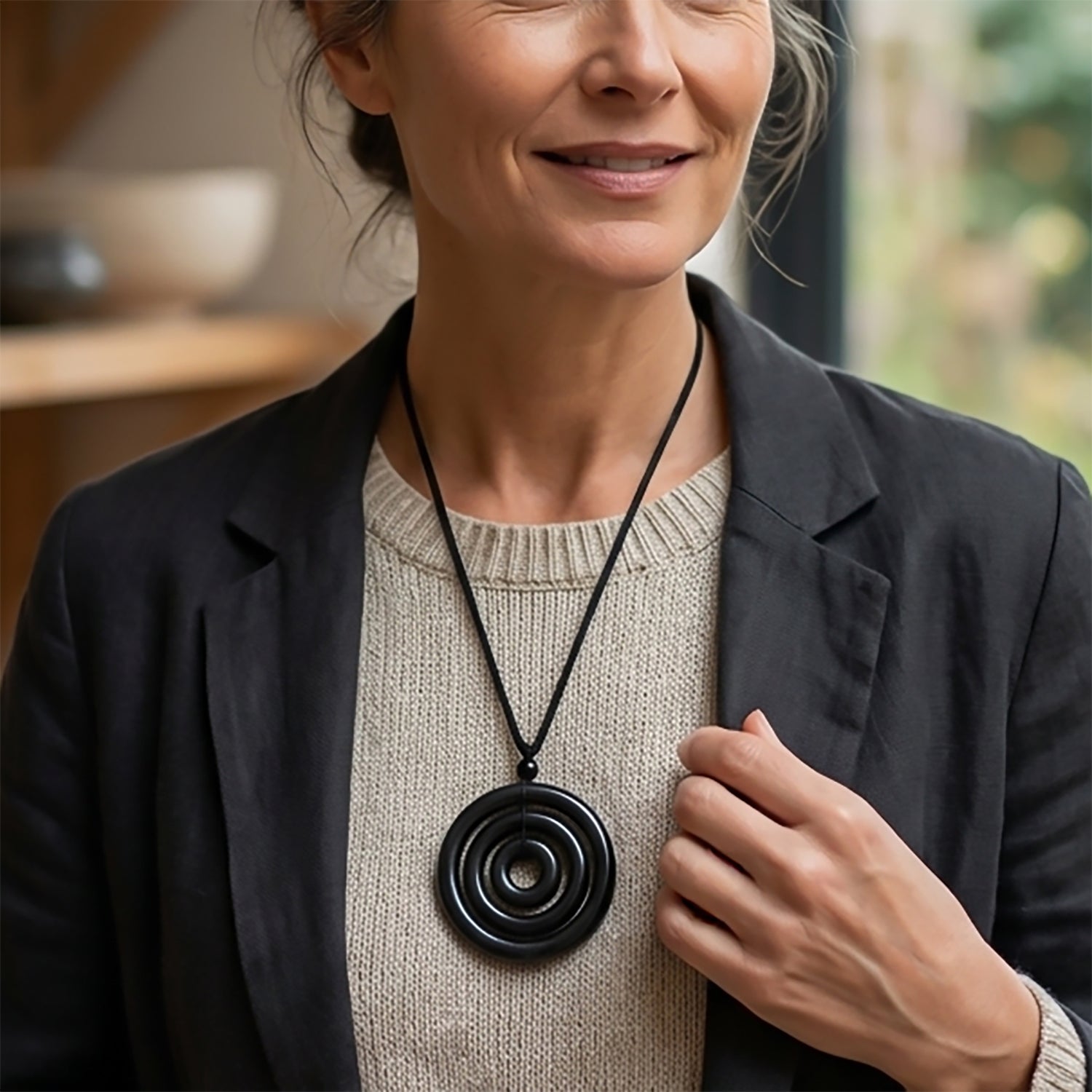 Black Jade Adjustable Concentric Circle Necklace (Size - 28) 193.00 Ct. 8611121 2