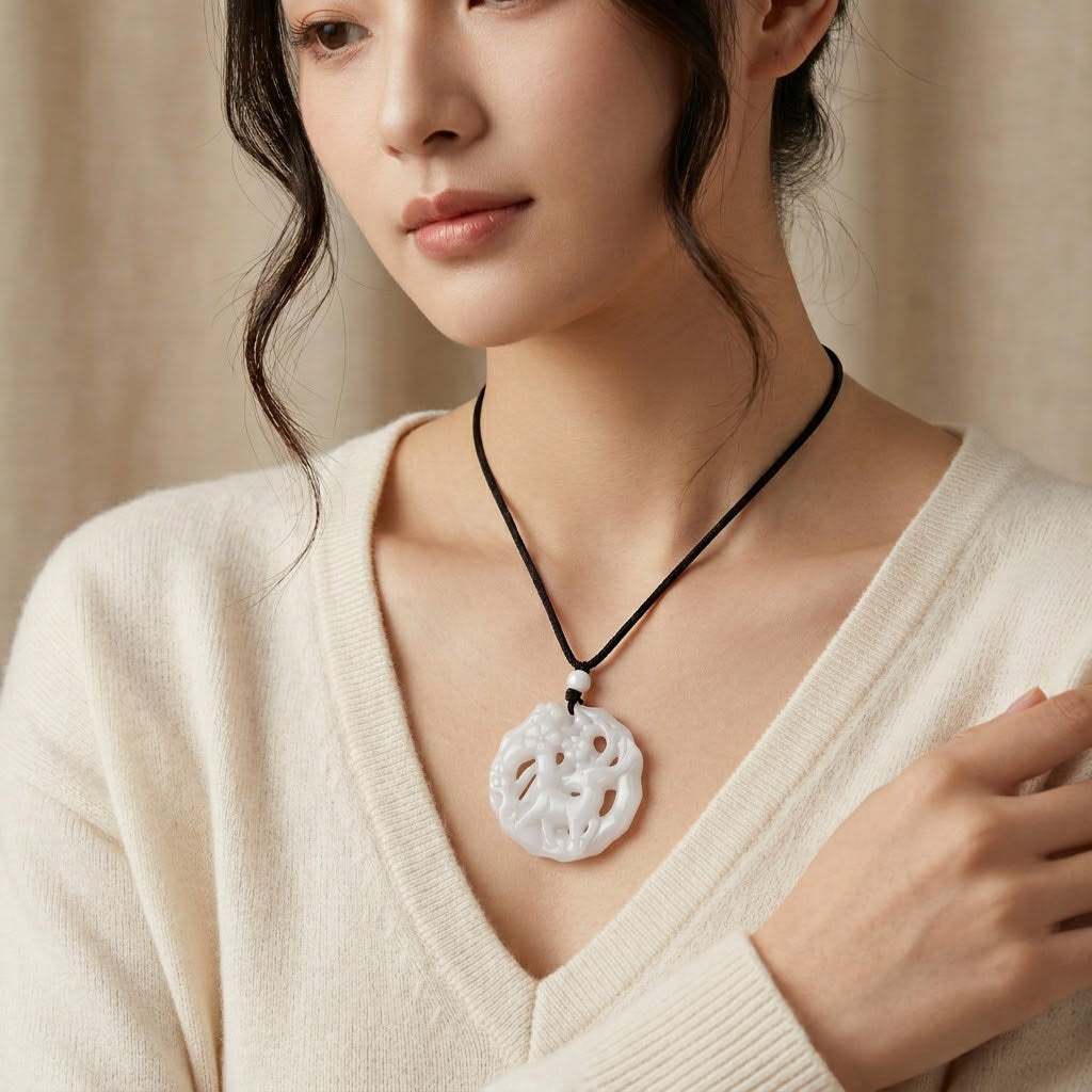 Natural White Jade Adjustable Carved Deer Necklace (Size - 28) 96.00 Ct.
