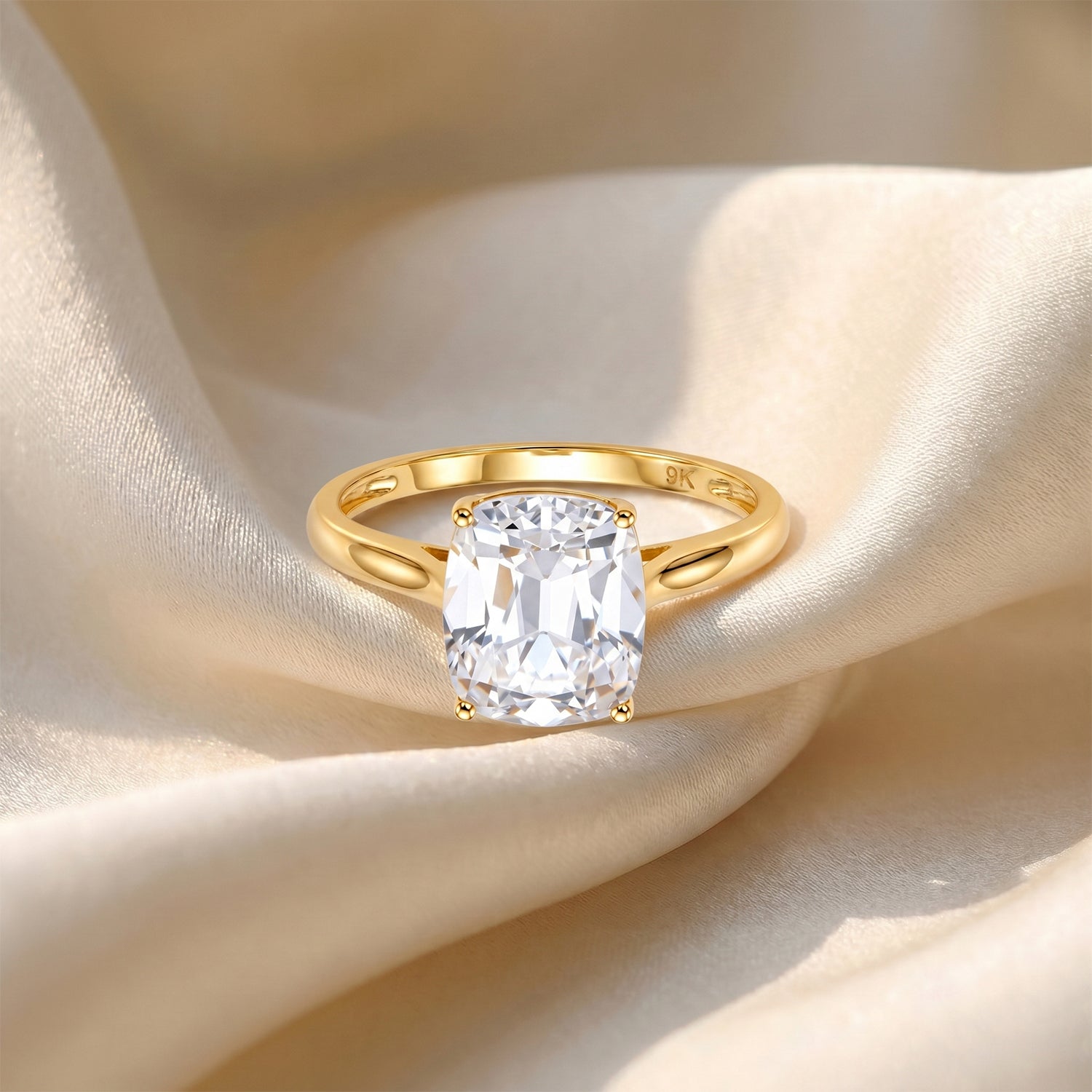 9K Yellow Gold GRA Certified (D-VVS1) Moissanite Cushion Old Mine Cut with vintage Faceting Solitaire Ring 3.07 Ct. V32526851 3
