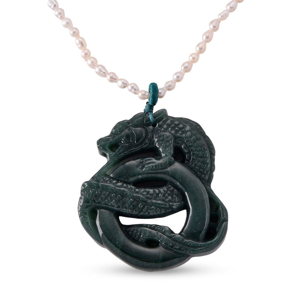 D'Joy - Natural Olmec Jade & White Fresh Water Pearl Adjustable Double Dragon Necklace (Size - 18+2 Ext) in Rhodium Overlay Sterling Silver 190.00 Ct._8611204