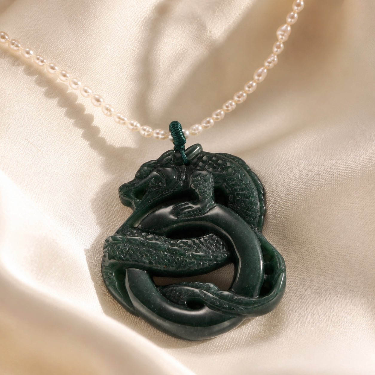 D'Joy - Natural Jade &amp; White Fresh Water Pearl Adjustable Double Dragon Necklace (Size - 18+2 Ext) in Rhodium Overlay Sterling Silver 190.00 Ct. V32519350 3