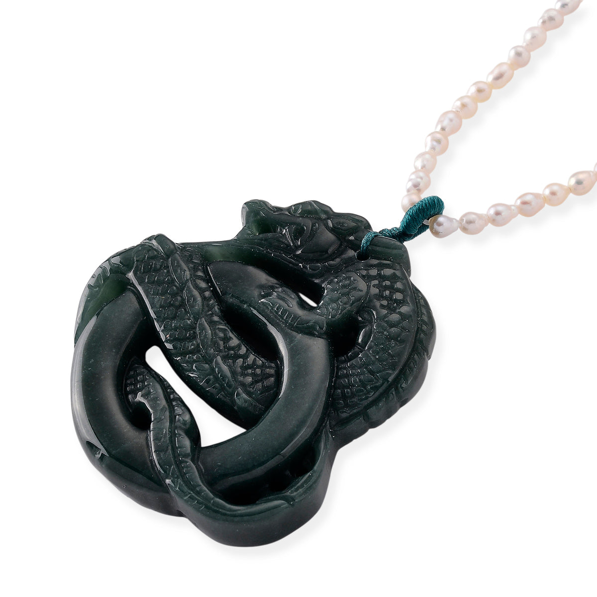 D'Joy - Natural Jade &amp; White Fresh Water Pearl Adjustable Double Dragon Necklace (Size - 18+2 Ext) in Rhodium Overlay Sterling Silver 190.00 Ct. V32519350 4