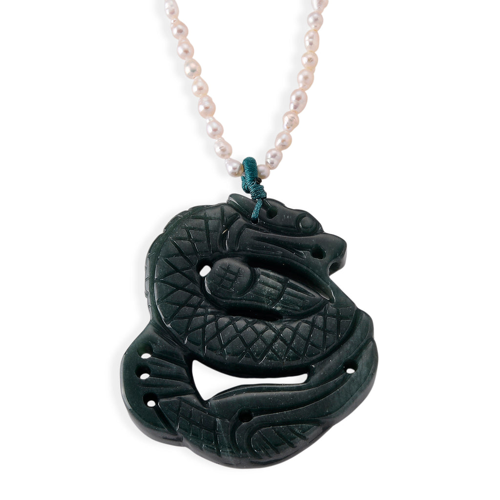 D'Joy - Natural Olmec Jade & White Fresh Water Pearl Adjustable Double Dragon Necklace (Size - 18+2 Ext) in Rhodium Overlay Sterling Silver 190.00 Ct._8611204_4