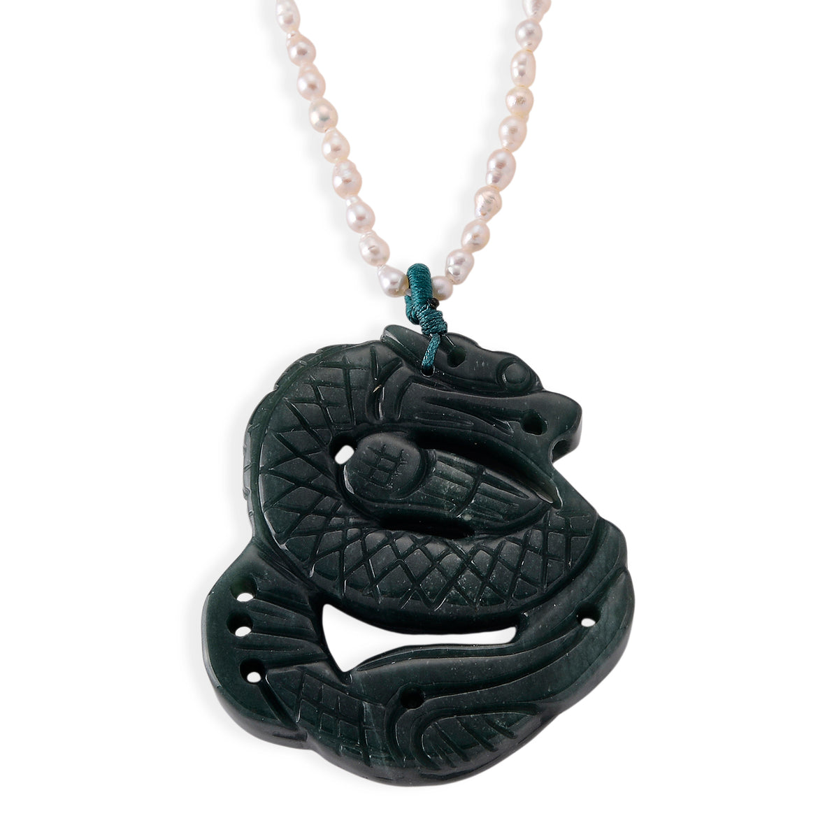 D'Joy - Natural Jade &amp; White Fresh Water Pearl Adjustable Double Dragon Necklace (Size - 18+2 Ext) in Rhodium Overlay Sterling Silver 190.00 Ct. V32519350 5