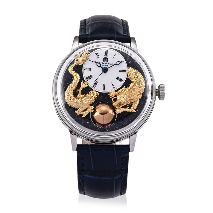 Exclusive William Hunt Automatic Watch With Lapis Lazuli Rotating Day &amp; Night Sphere, Blue Sandstone and MOP Dial &amp; 24K Gold Plated Dragons 5ATM WR with Blue Leather Strap 8611230 1